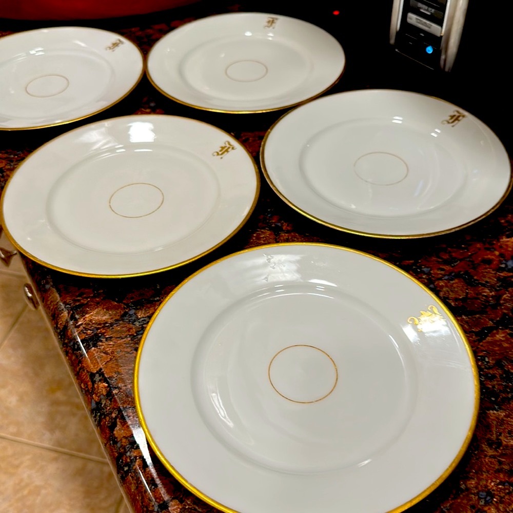 6 elegant Haviland France white  gold rim 8 1/2” dessert plates monogrammed “F”